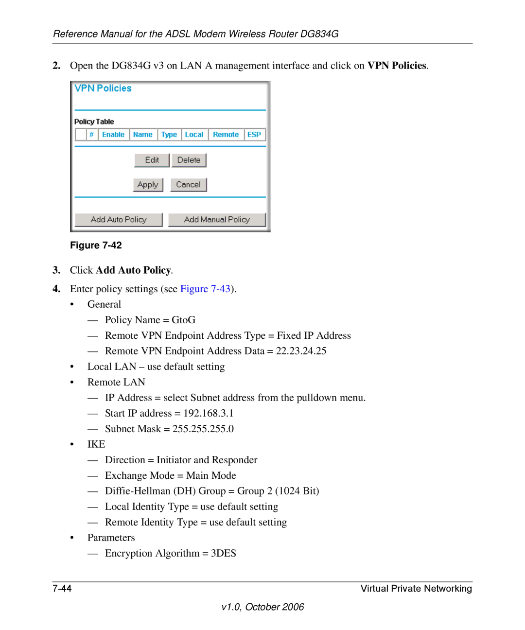 NETGEAR DG834G manual Click Add Auto Policy, Ike 