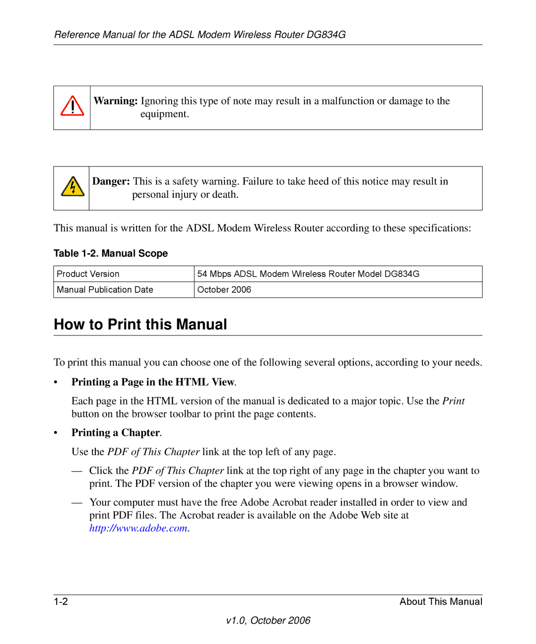 NETGEAR DG834G manual How to Print this Manual, Printing a Page in the Html View, Printing a Chapter 