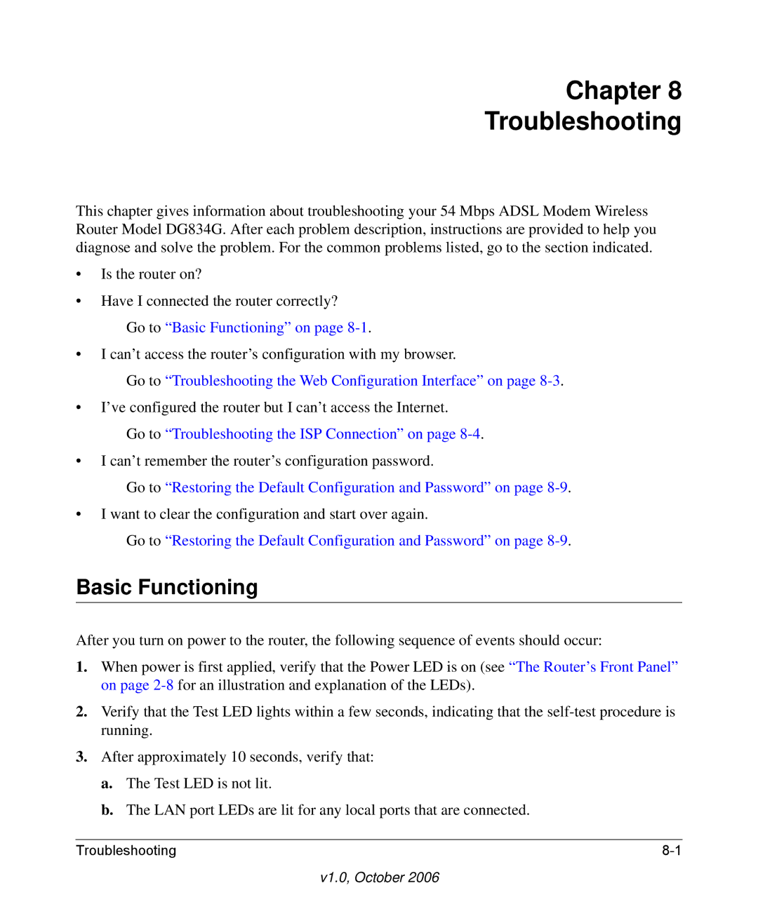 NETGEAR DG834G manual Chapter Troubleshooting, Basic Functioning 