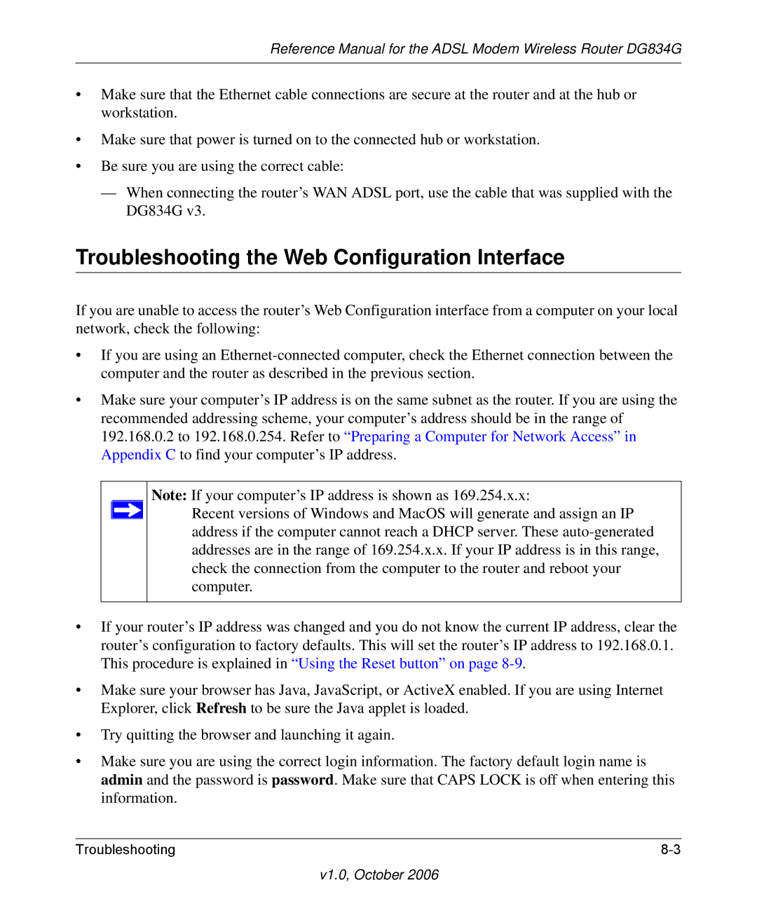 NETGEAR DG834G manual Troubleshooting the Web Configuration Interface 