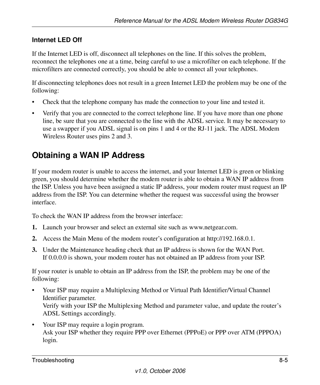 NETGEAR DG834G manual Obtaining a WAN IP Address, Internet LED Off 