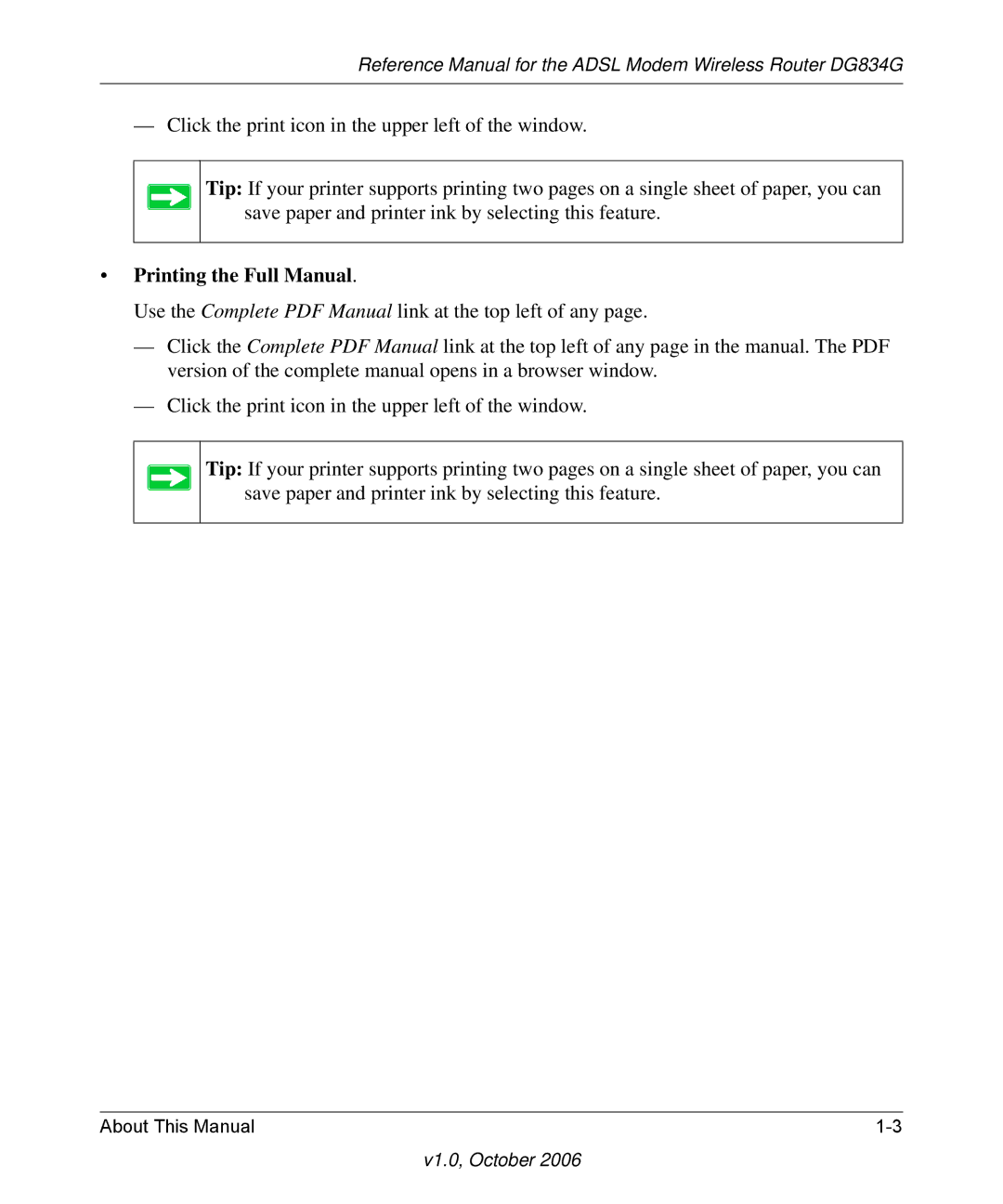 NETGEAR DG834G manual Printing the Full Manual 