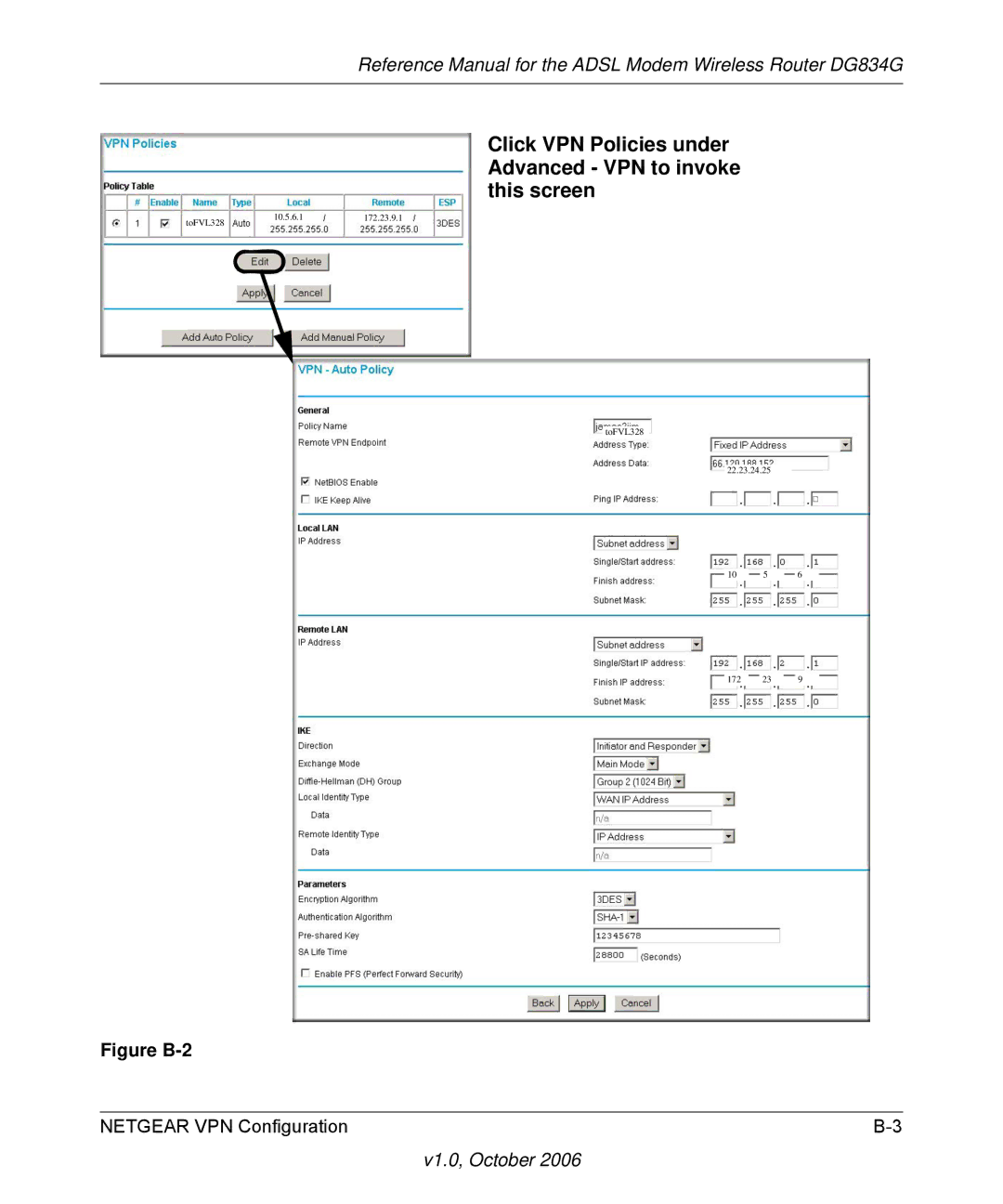 NETGEAR DG834G manual Click VPN Policies under Advanced VPN to invoke this screen, Figure B-2 