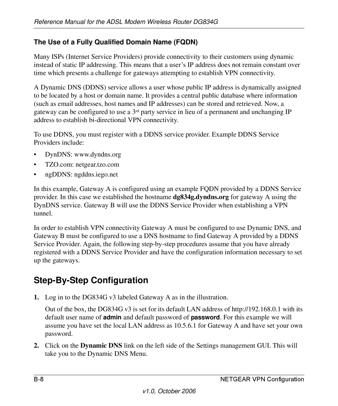 NETGEAR DG834G manual Step-By-Step Configuration, Use of a Fully Qualified Domain Name Fqdn 