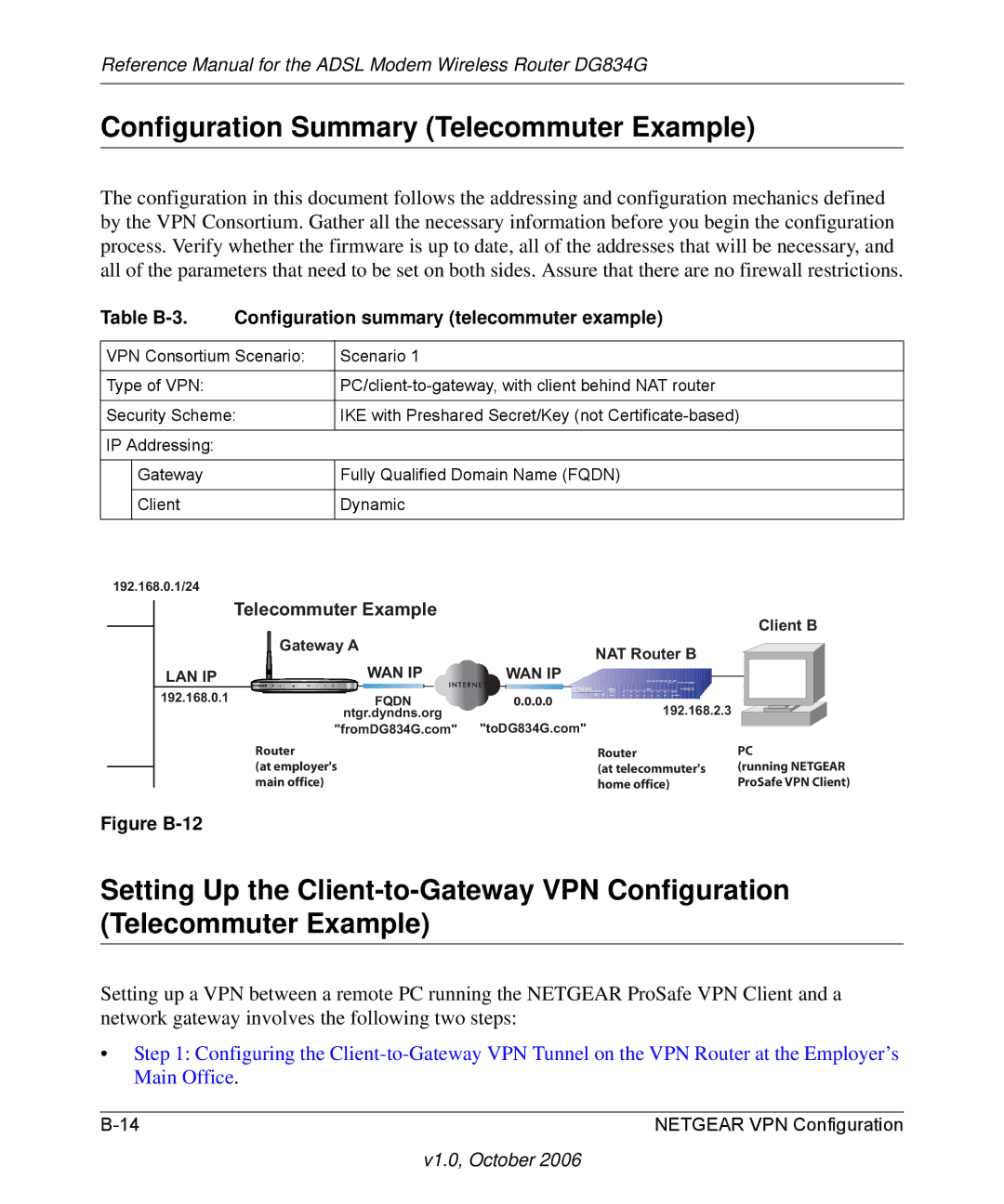 NETGEAR DG834G manual Configuration Summary Telecommuter Example 