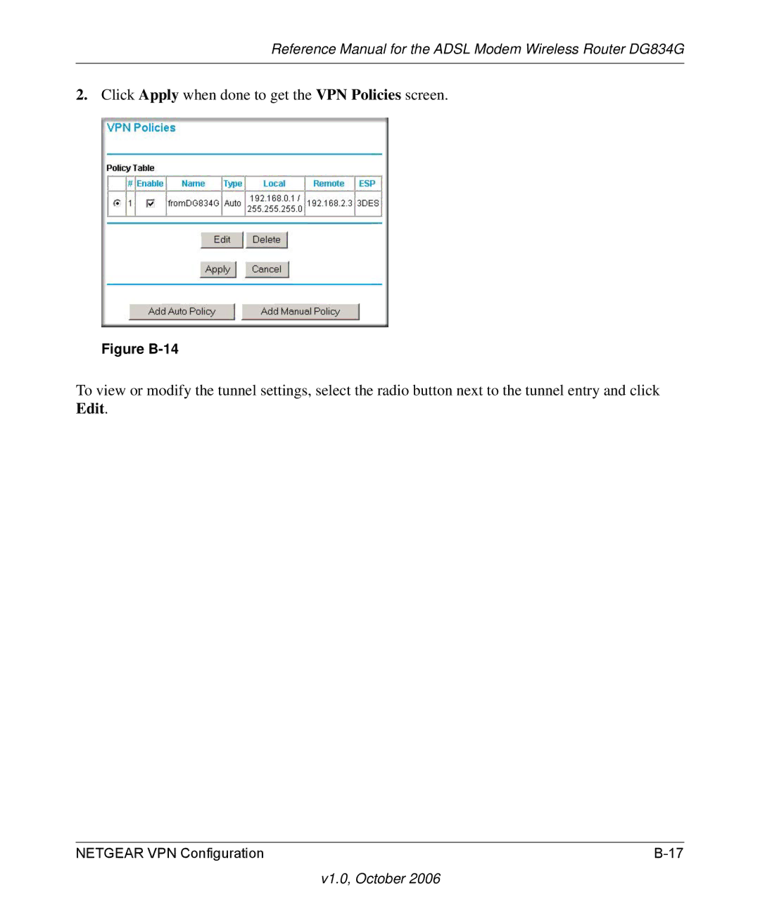 NETGEAR DG834G manual Click Apply when done to get the VPN Policies screen 