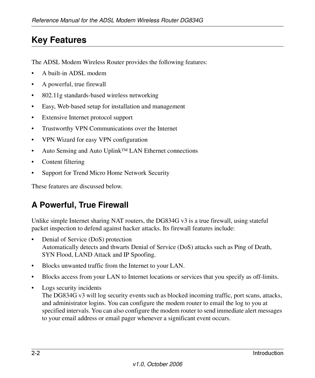 NETGEAR DG834G manual Key Features, Powerful, True Firewall 