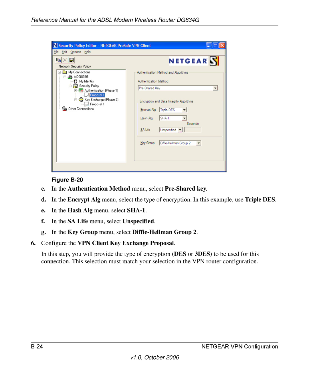 NETGEAR DG834G manual Authentication Method menu, select Pre-Shared key, Figure B-20 