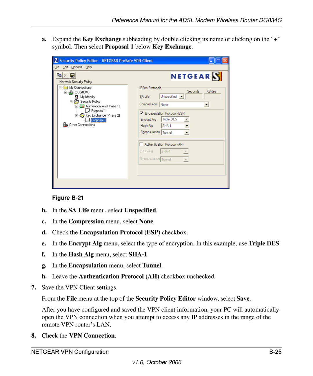 NETGEAR DG834G manual Check the Encapsulation Protocol ESP checkbox, Check the VPN Connection 