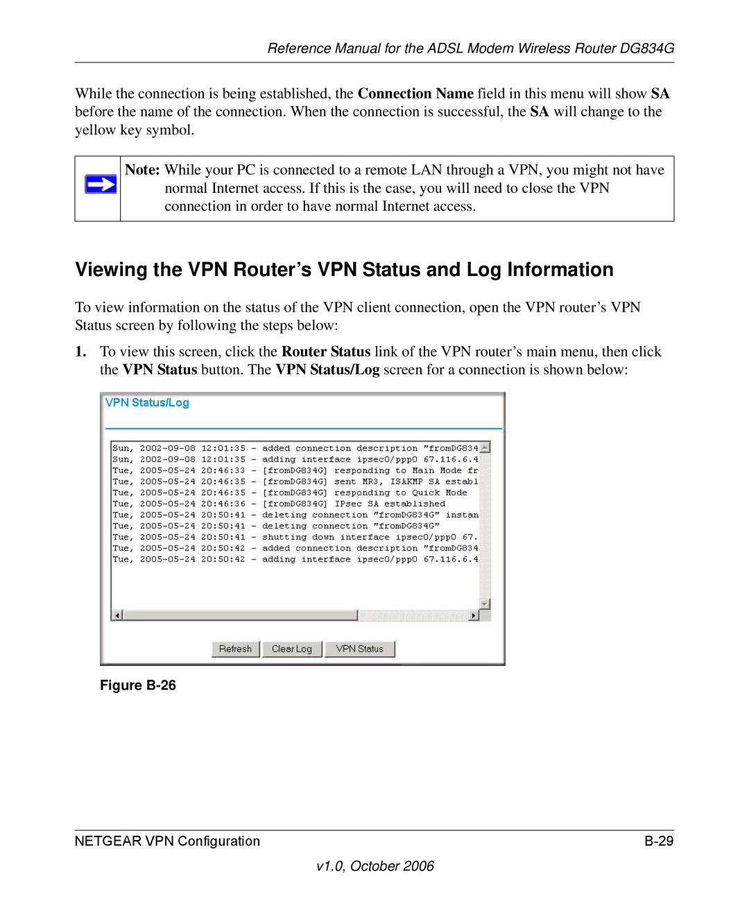 NETGEAR DG834G manual Viewing the VPN Router’s VPN Status and Log Information, Figure B-26 