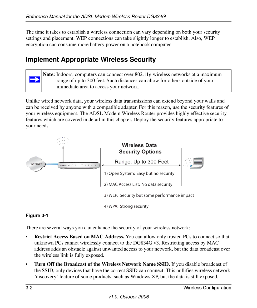 NETGEAR DG834G manual Implement Appropriate Wireless Security, LUHOHVVDWD 6HFXULW\2SWLRQV 