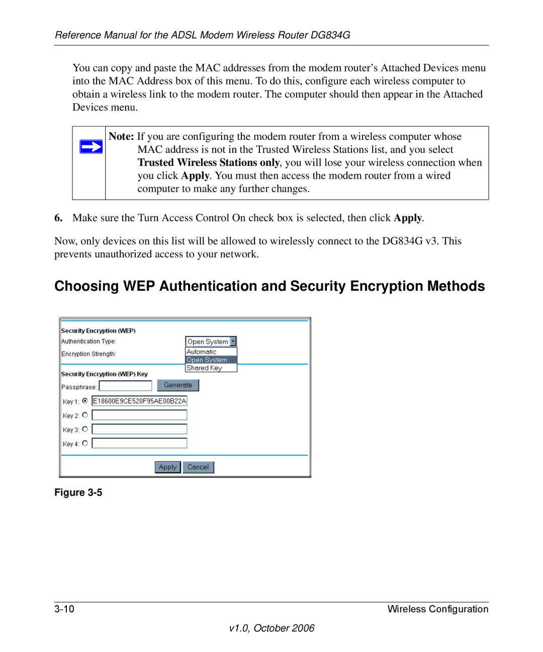 NETGEAR DG834G manual Choosing WEP Authentication and Security Encryption Methods 