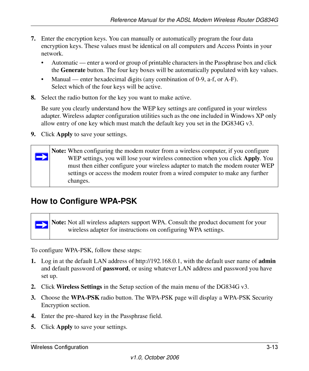 NETGEAR DG834G manual How to Configure WPA-PSK 