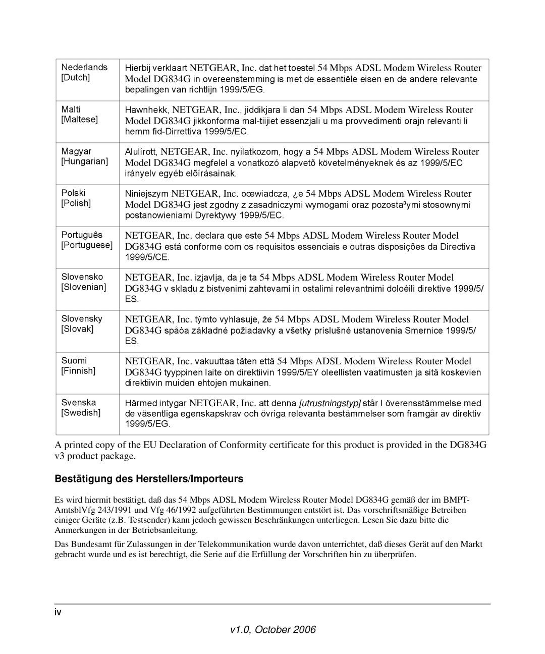 NETGEAR DG834G manual Bestätigung des Herstellers/Importeurs 