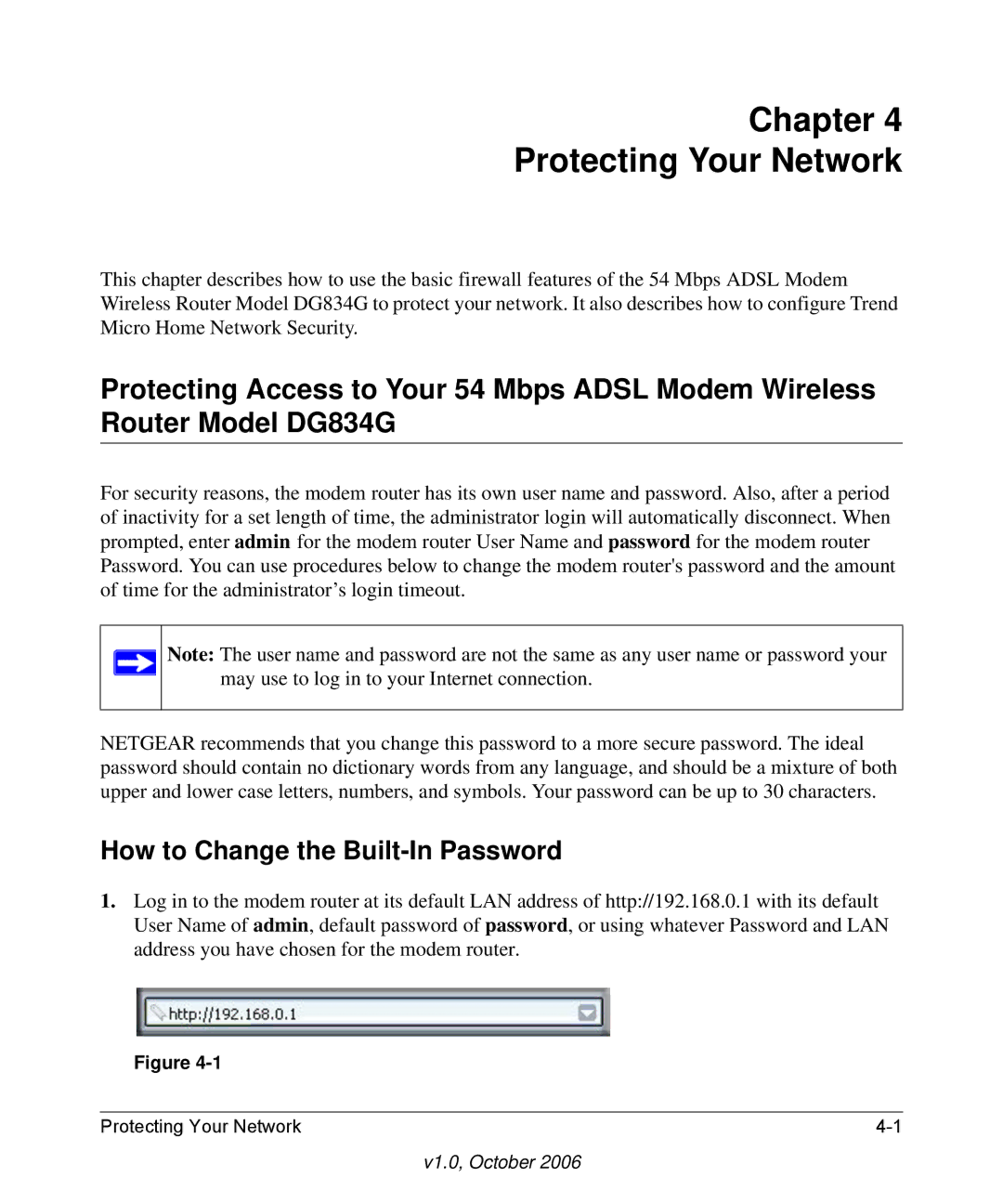 NETGEAR DG834G manual Chapter Protecting Your Network, How to Change the Built-In Password 