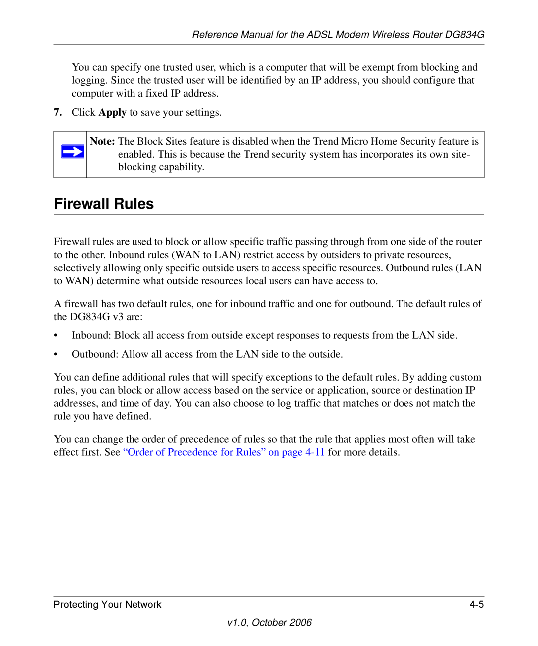 NETGEAR DG834G manual Firewall Rules 