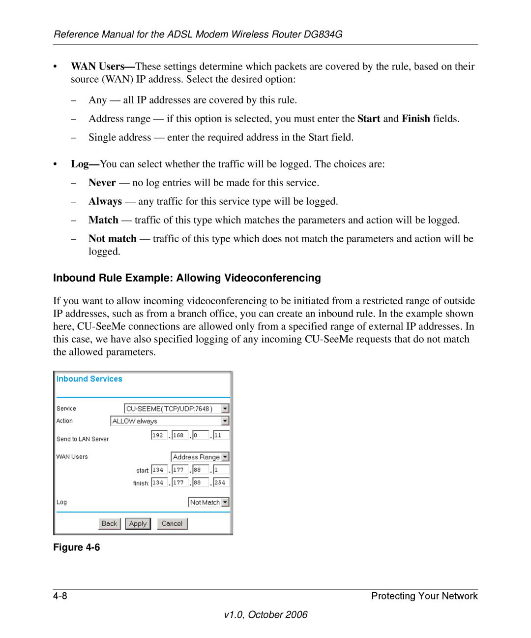 NETGEAR DG834G manual Inbound Rule Example Allowing Videoconferencing 