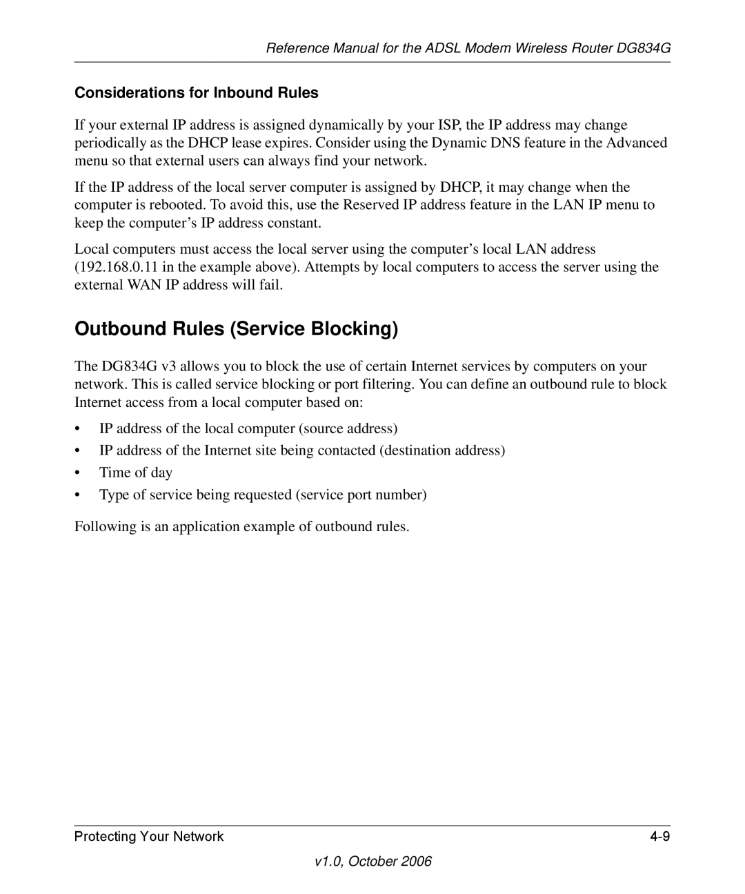 NETGEAR DG834G manual Outbound Rules Service Blocking, Considerations for Inbound Rules 