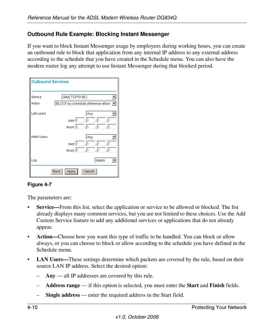 NETGEAR DG834G manual Outbound Rule Example Blocking Instant Messenger 