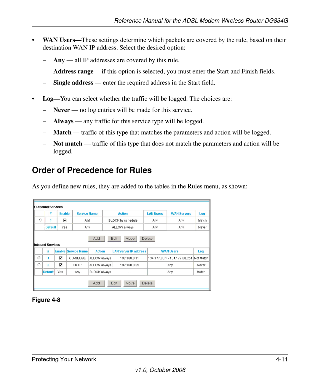 NETGEAR DG834G manual Order of Precedence for Rules 