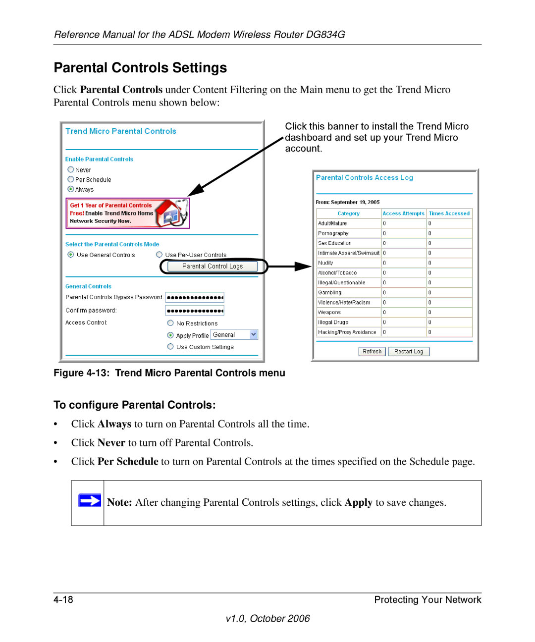 NETGEAR DG834G manual Parental Controls Settings, To configure Parental Controls 