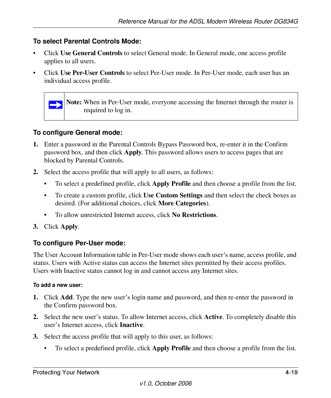 NETGEAR DG834G manual To select Parental Controls Mode, To configure General mode, To configure Per-User mode 