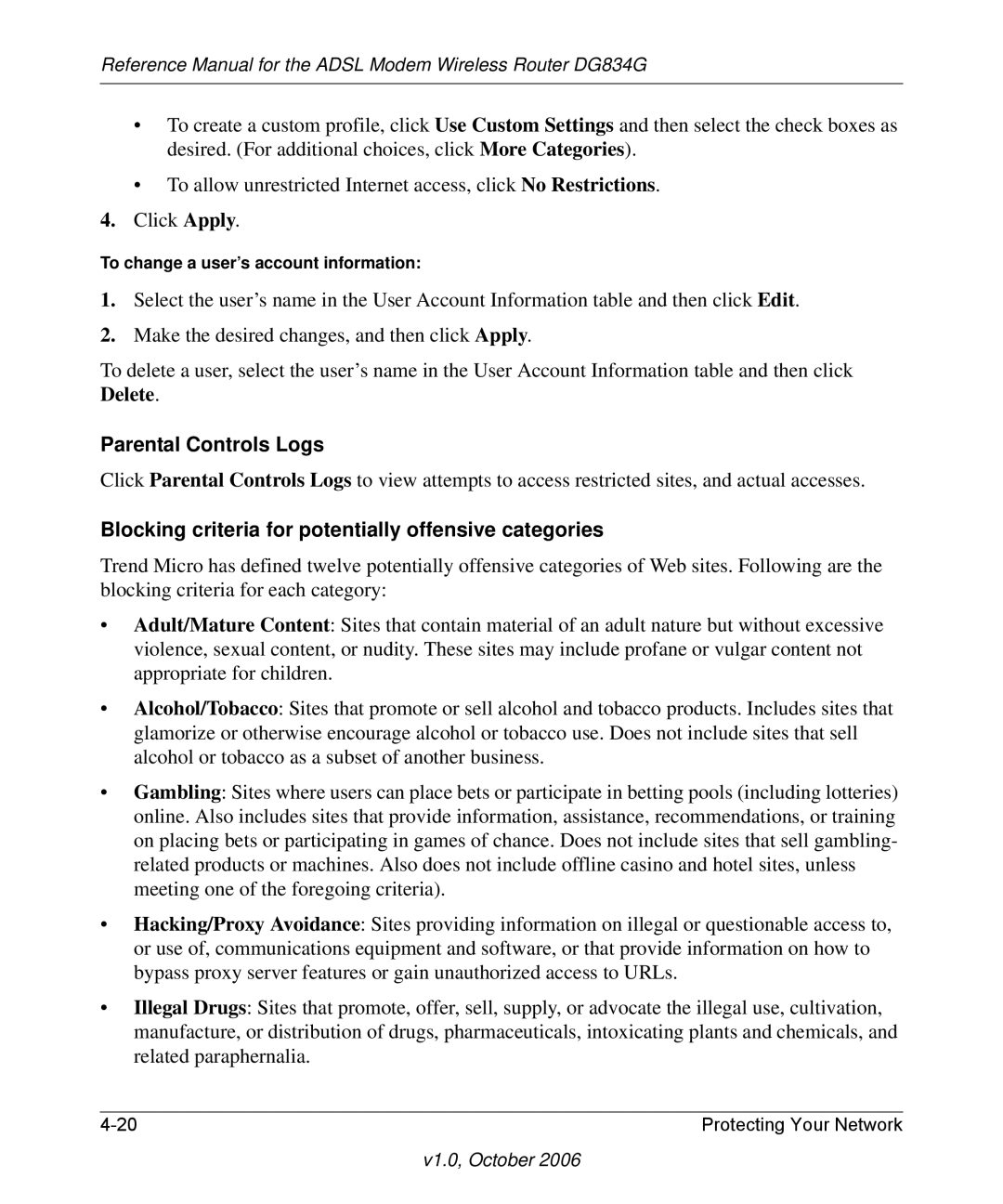 NETGEAR DG834G manual Parental Controls Logs, Blocking criteria for potentially offensive categories 