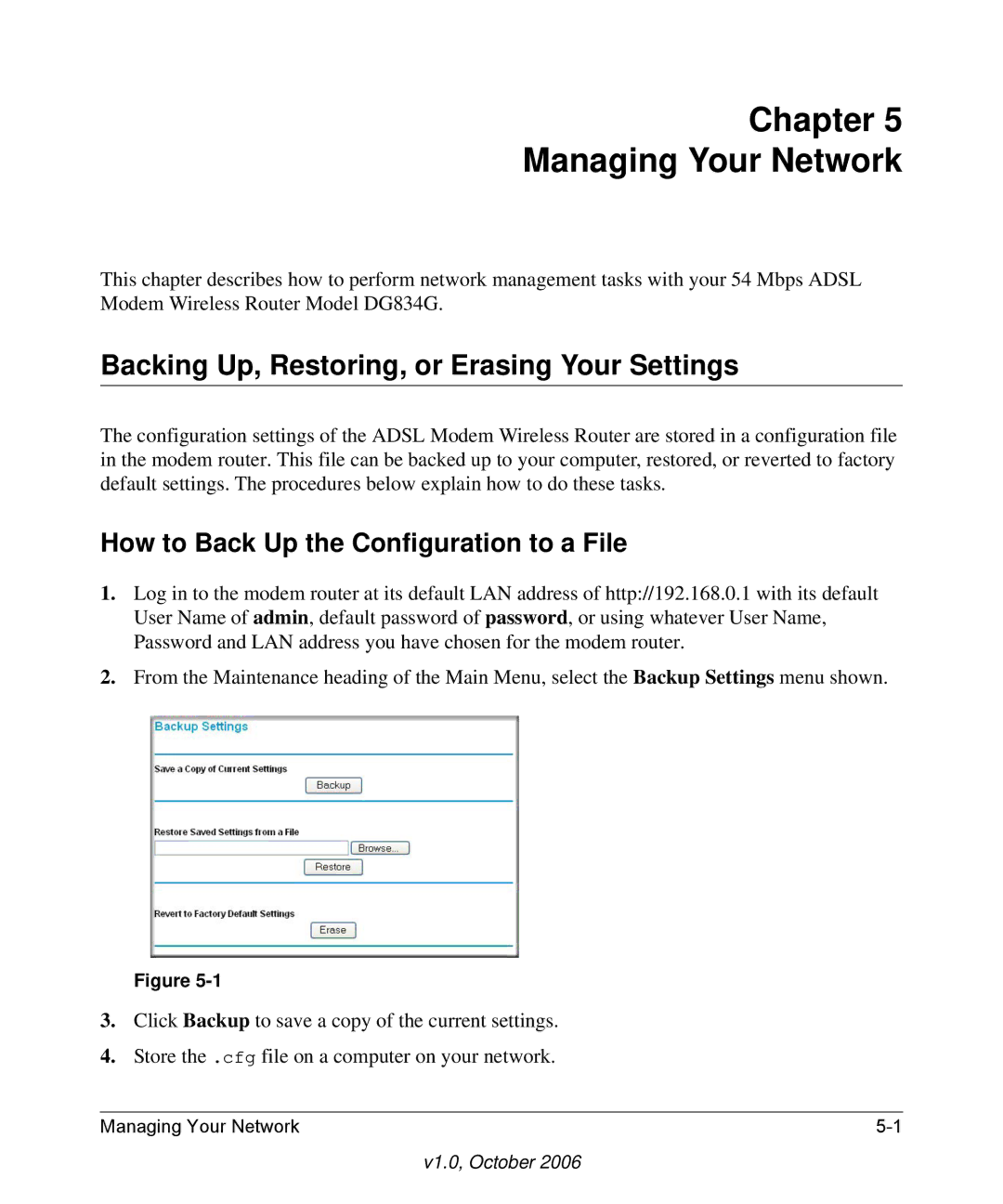 NETGEAR DG834G manual Backing Up, Restoring, or Erasing Your Settings, How to Back Up the Configuration to a File 