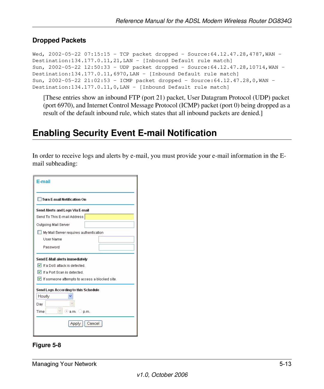 NETGEAR DG834G manual Enabling Security Event E-mail Notification, Dropped Packets 