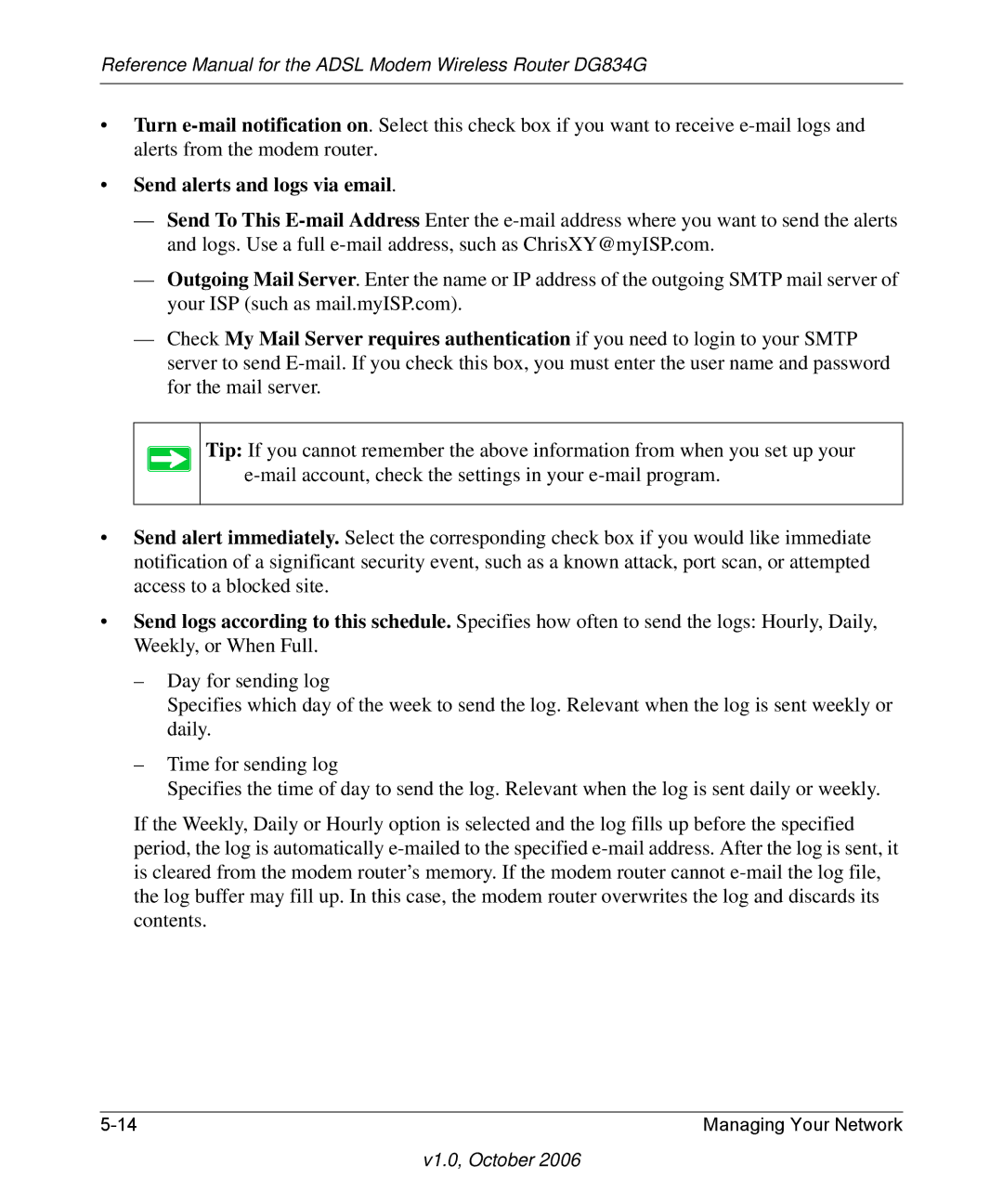 NETGEAR DG834G manual Send alerts and logs via email 