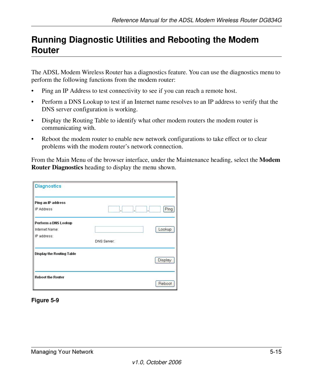 NETGEAR DG834G manual Running Diagnostic Utilities and Rebooting the Modem Router 