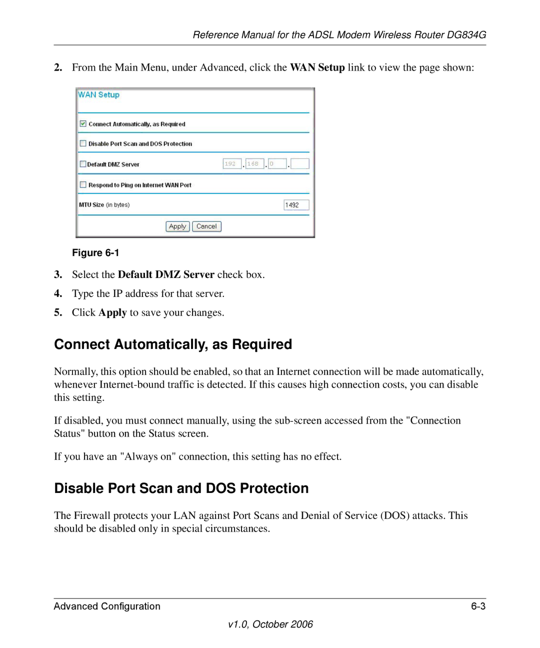 NETGEAR DG834G manual Connect Automatically, as Required, Disable Port Scan and DOS Protection 