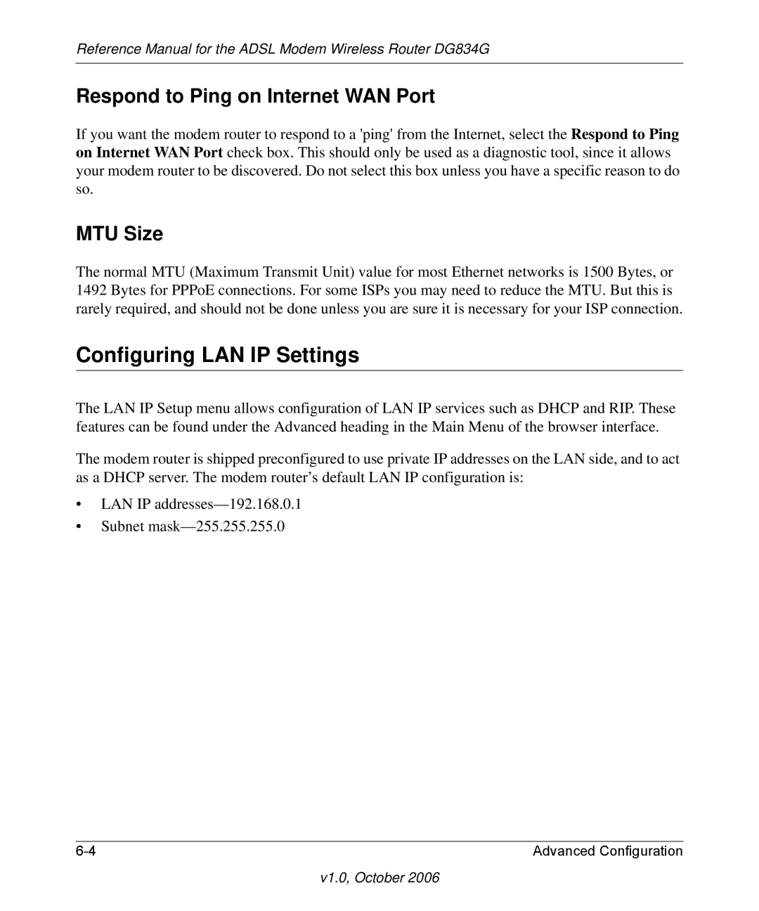 NETGEAR DG834G manual Configuring LAN IP Settings, Respond to Ping on Internet WAN Port, MTU Size 