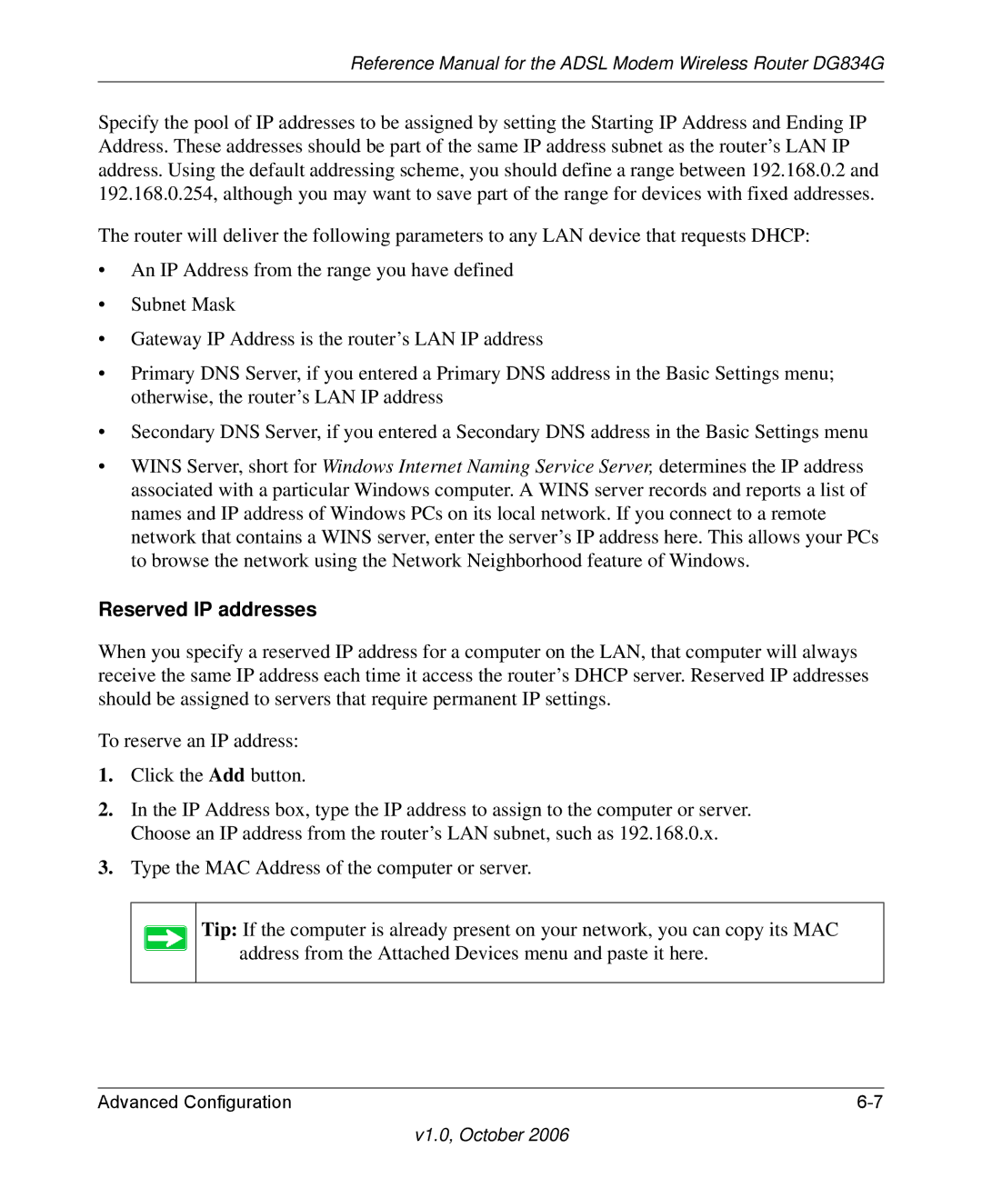 NETGEAR DG834G manual Reserved IP addresses 