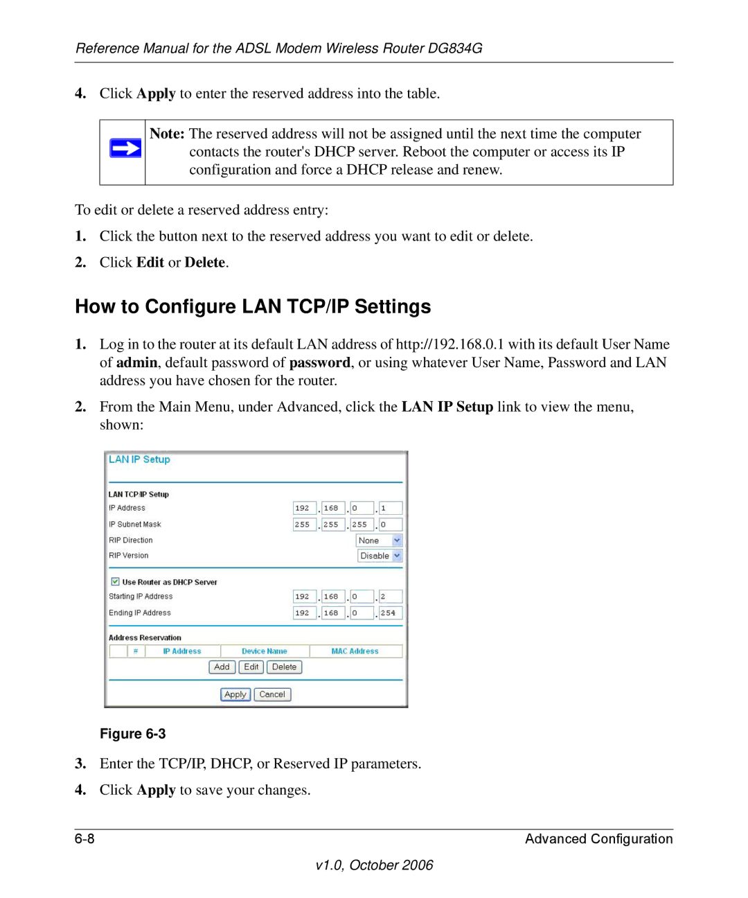 NETGEAR DG834G manual How to Configure LAN TCP/IP Settings, Click Edit or Delete 