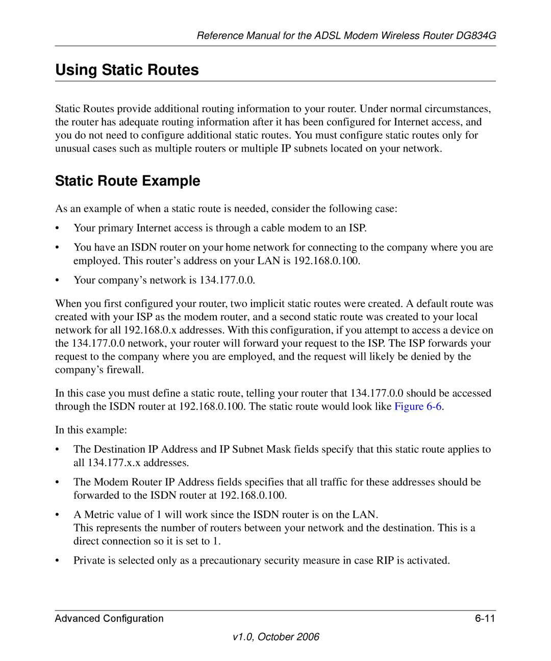 NETGEAR DG834G manual Using Static Routes, Static Route Example 