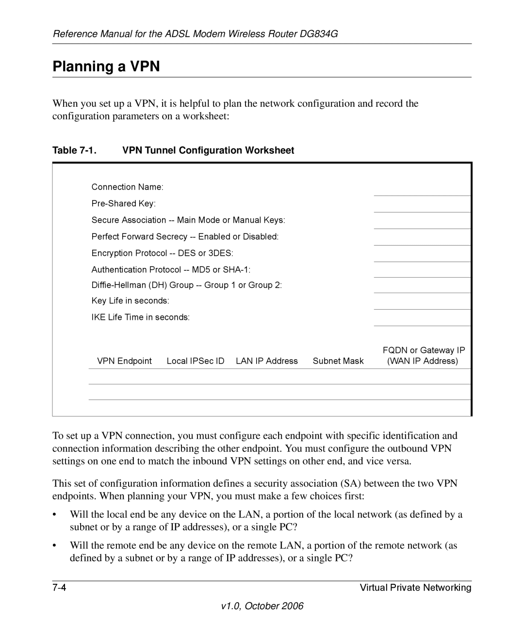 NETGEAR DG834G manual Planning a VPN, VPN Tunnel Configuration Worksheet 