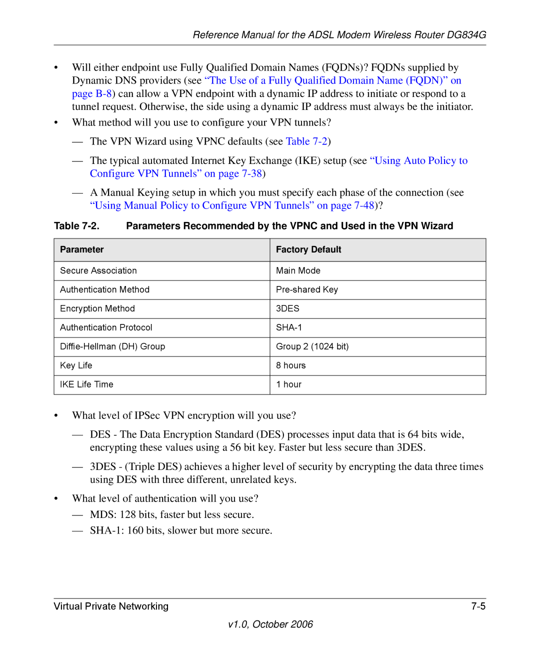 NETGEAR DG834G manual Parameter Factory Default 