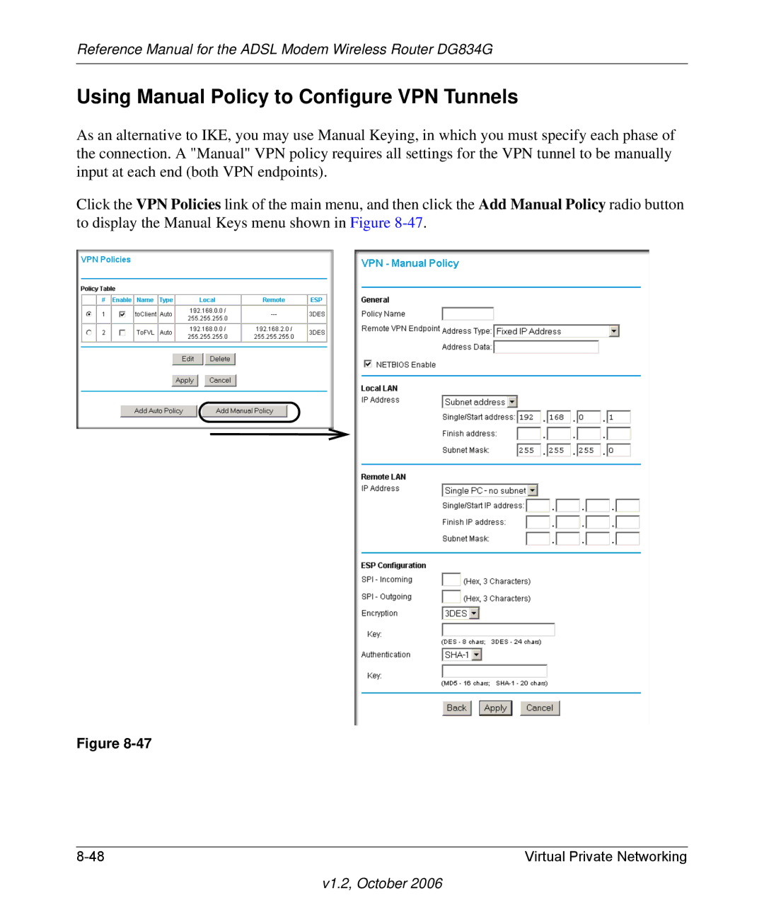 NETGEAR DG834G manual Using Manual Policy to Configure VPN Tunnels 