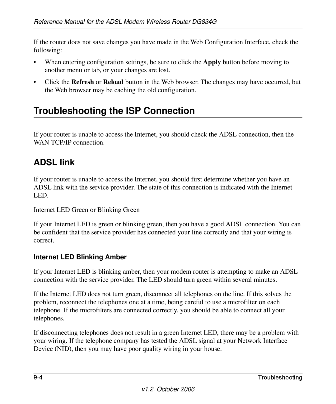 NETGEAR DG834G manual Troubleshooting the ISP Connection, Adsl link, Internet LED Blinking Amber 