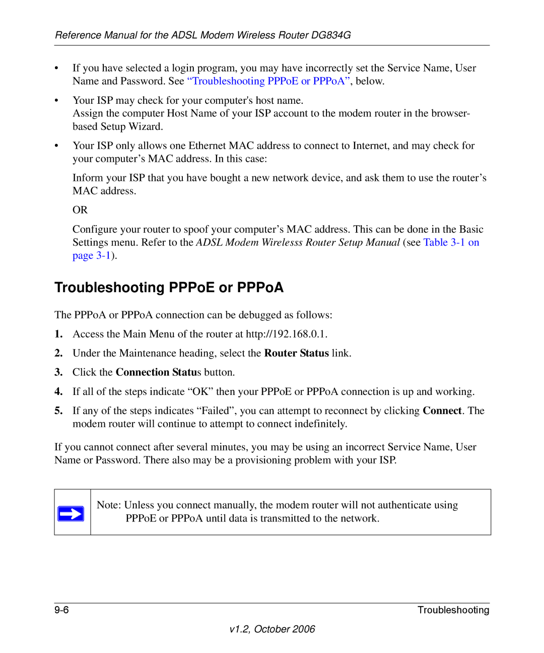 NETGEAR DG834G manual Troubleshooting PPPoE or PPPoA 