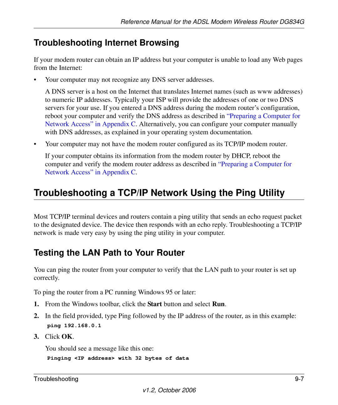 NETGEAR DG834G manual Troubleshooting a TCP/IP Network Using the Ping Utility, Troubleshooting Internet Browsing 