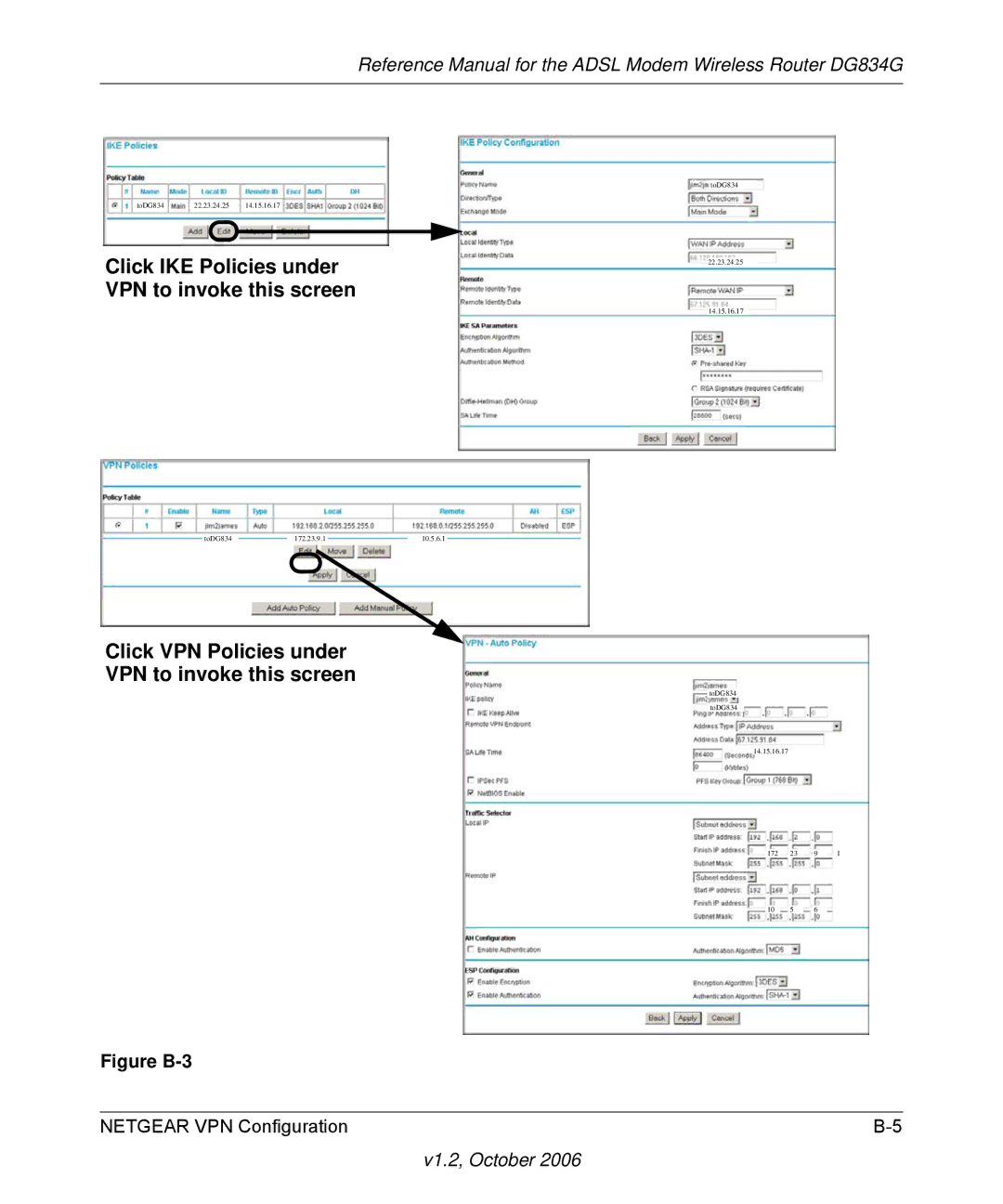 NETGEAR DG834G Click IKE Policies under VPN to invoke this screen, Click VPN Policies under VPN to invoke this screen 