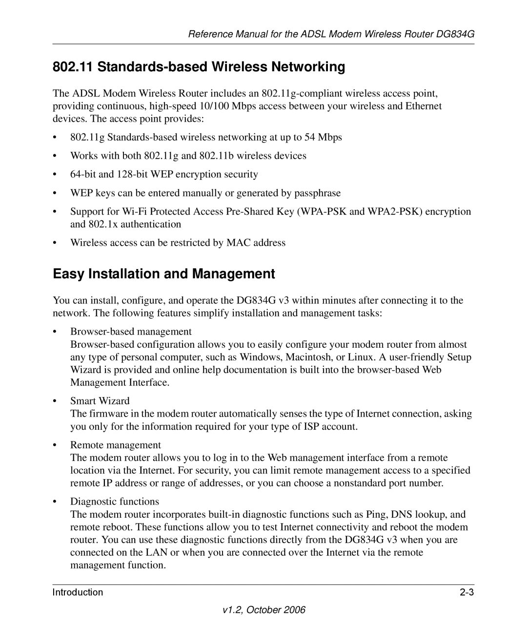 NETGEAR DG834G manual Standards-based Wireless Networking, Easy Installation and Management 