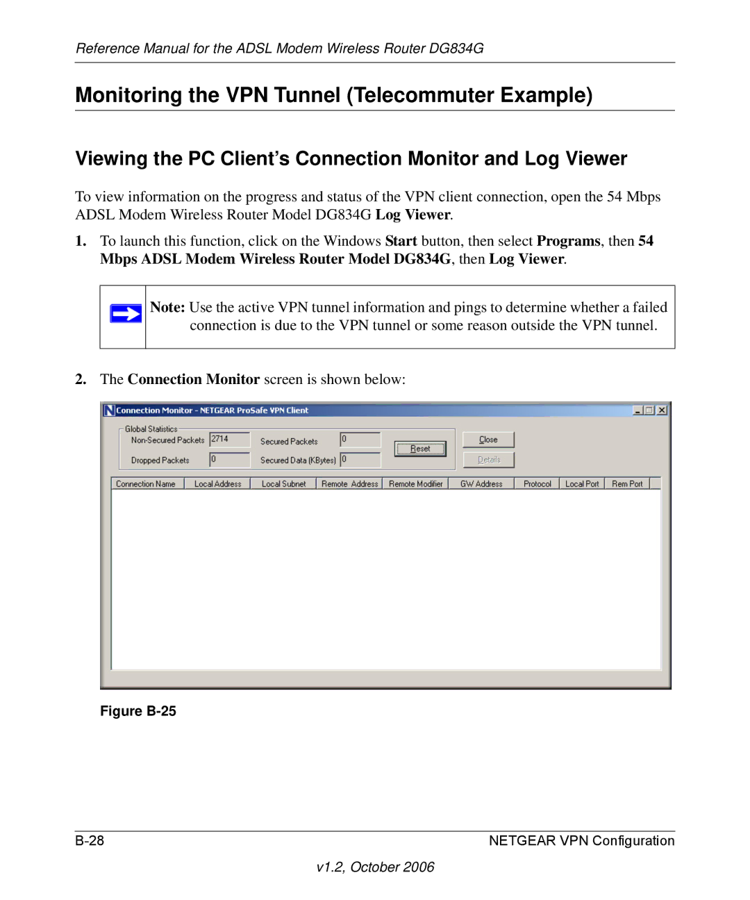 NETGEAR DG834G Monitoring the VPN Tunnel Telecommuter Example, Viewing the PC Client’s Connection Monitor and Log Viewer 