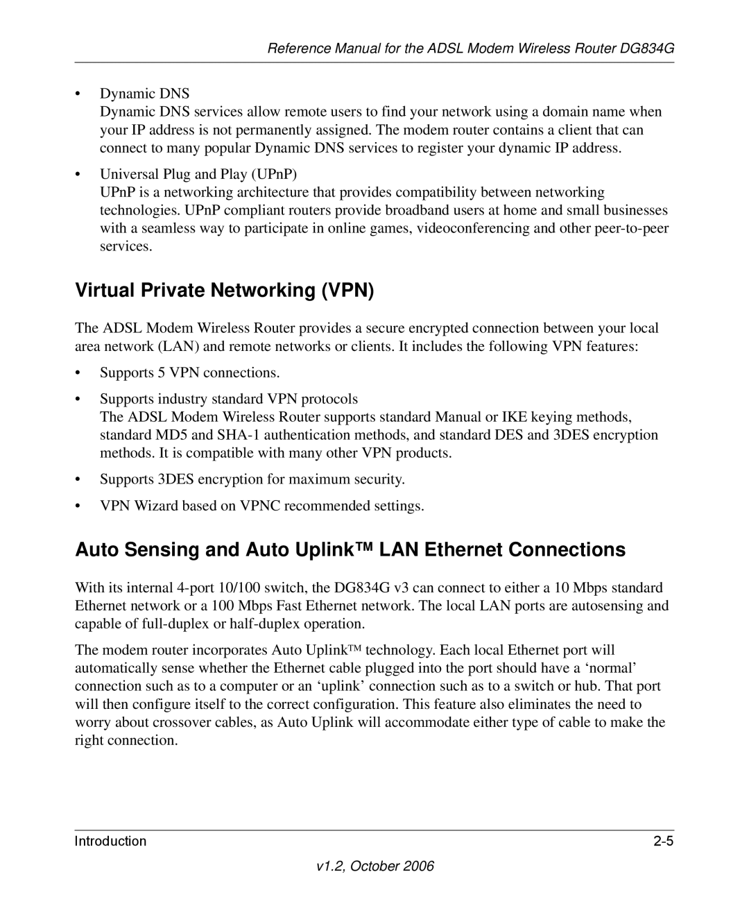 NETGEAR DG834G manual Virtual Private Networking VPN, Auto Sensing and Auto Uplink LAN Ethernet Connections 