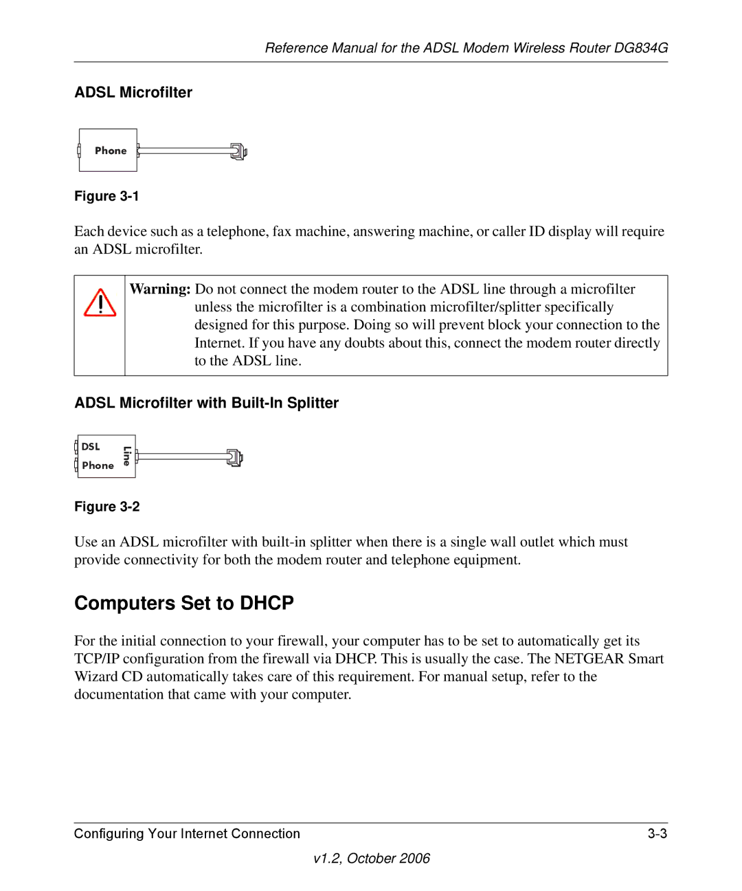 NETGEAR DG834G manual Computers Set to Dhcp, Adsl Microfilter with Built-In Splitter 