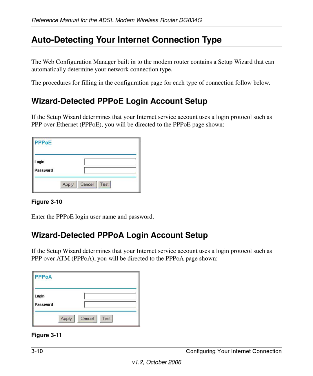 NETGEAR DG834G manual Auto-Detecting Your Internet Connection Type, Wizard-Detected PPPoE Login Account Setup 