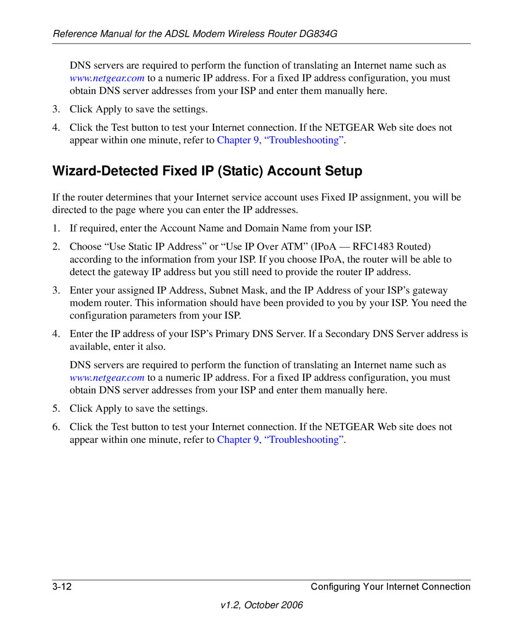 NETGEAR DG834G manual Wizard-Detected Fixed IP Static Account Setup 