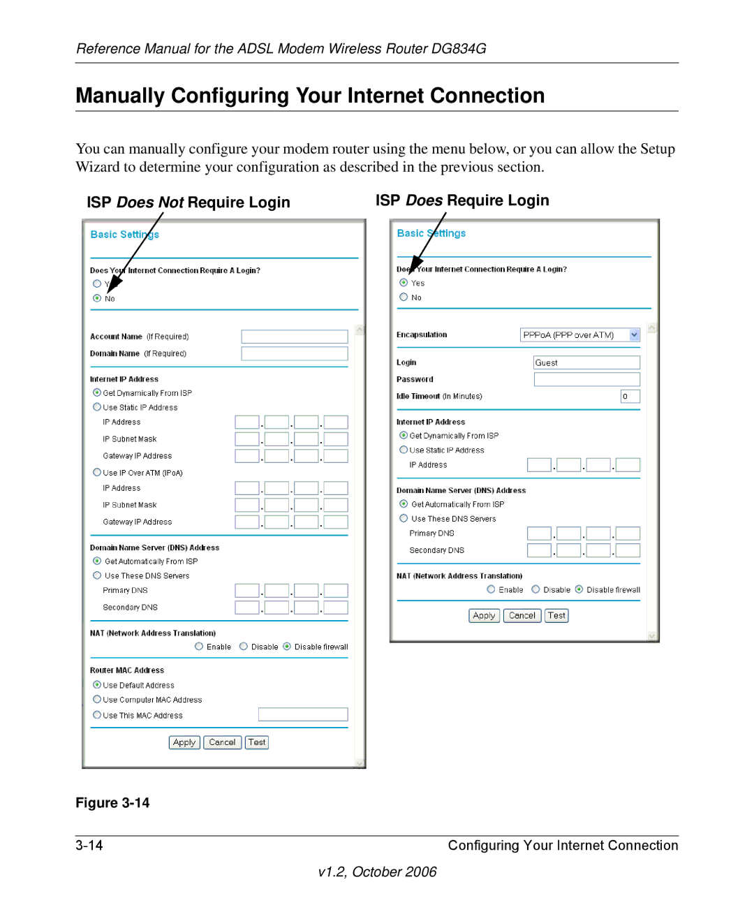 NETGEAR DG834G manual Manually Configuring Your Internet Connection, ISP Does Not Require Login 